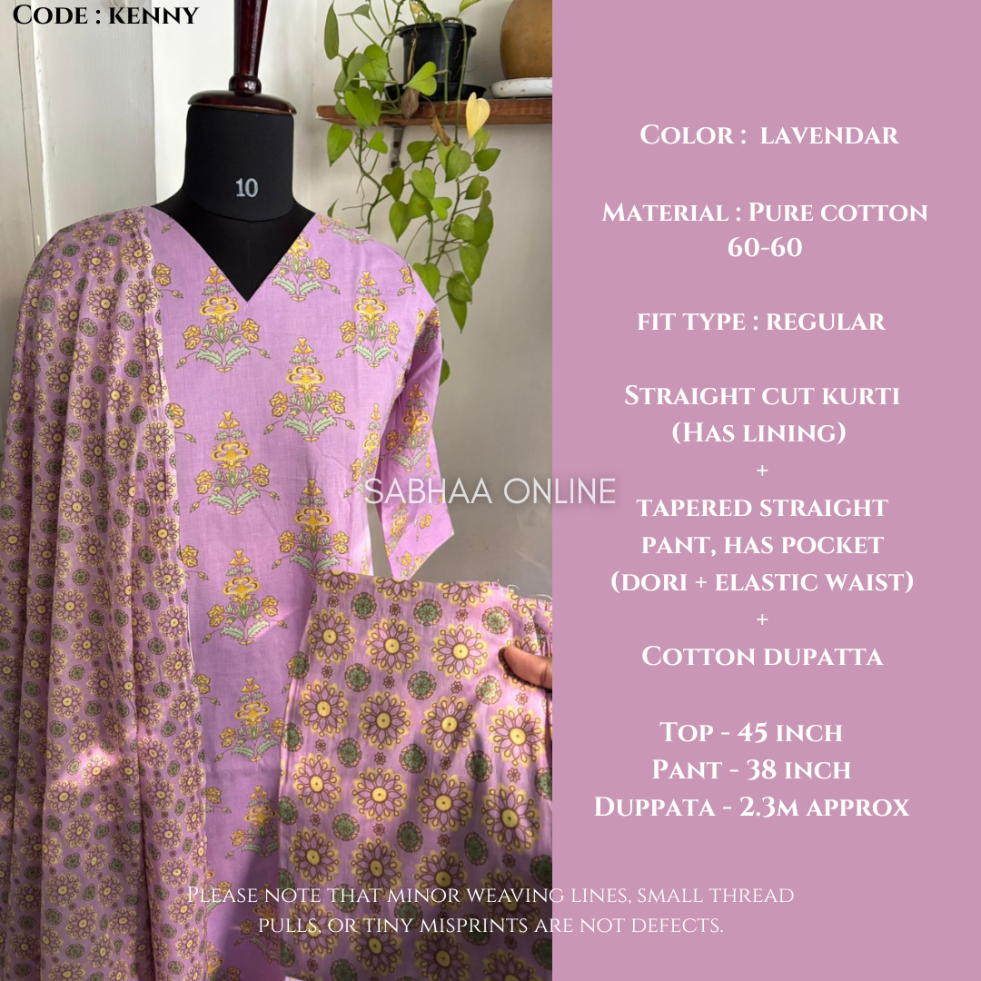 Kenny - Lavendar Cotton Kurti 3pc set with lining