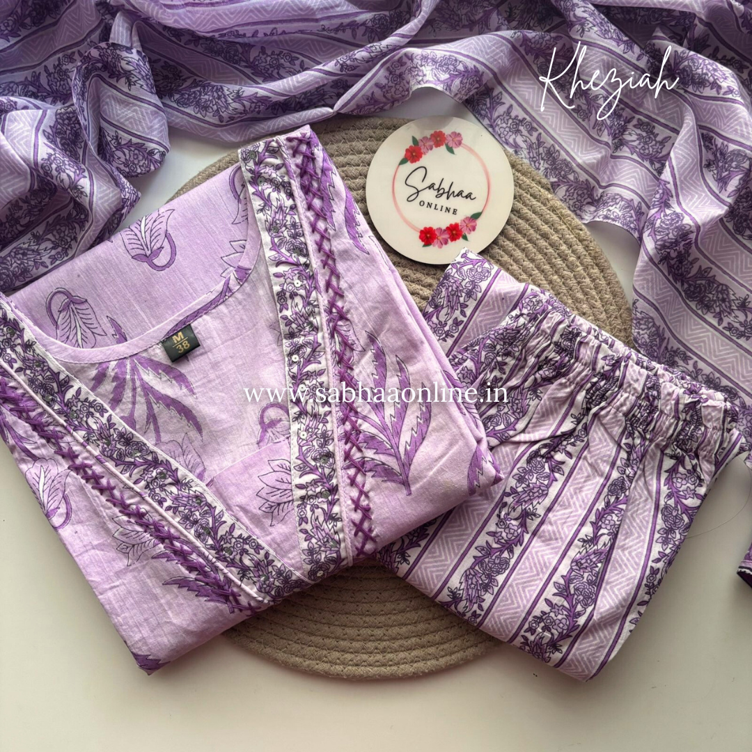 Kheziah - Lavendar Cotton kurti 3pc set - LN 19