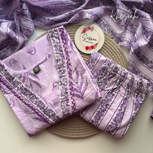 Kheziah - Lavendar Cotton kurti 3pc set - LN 19