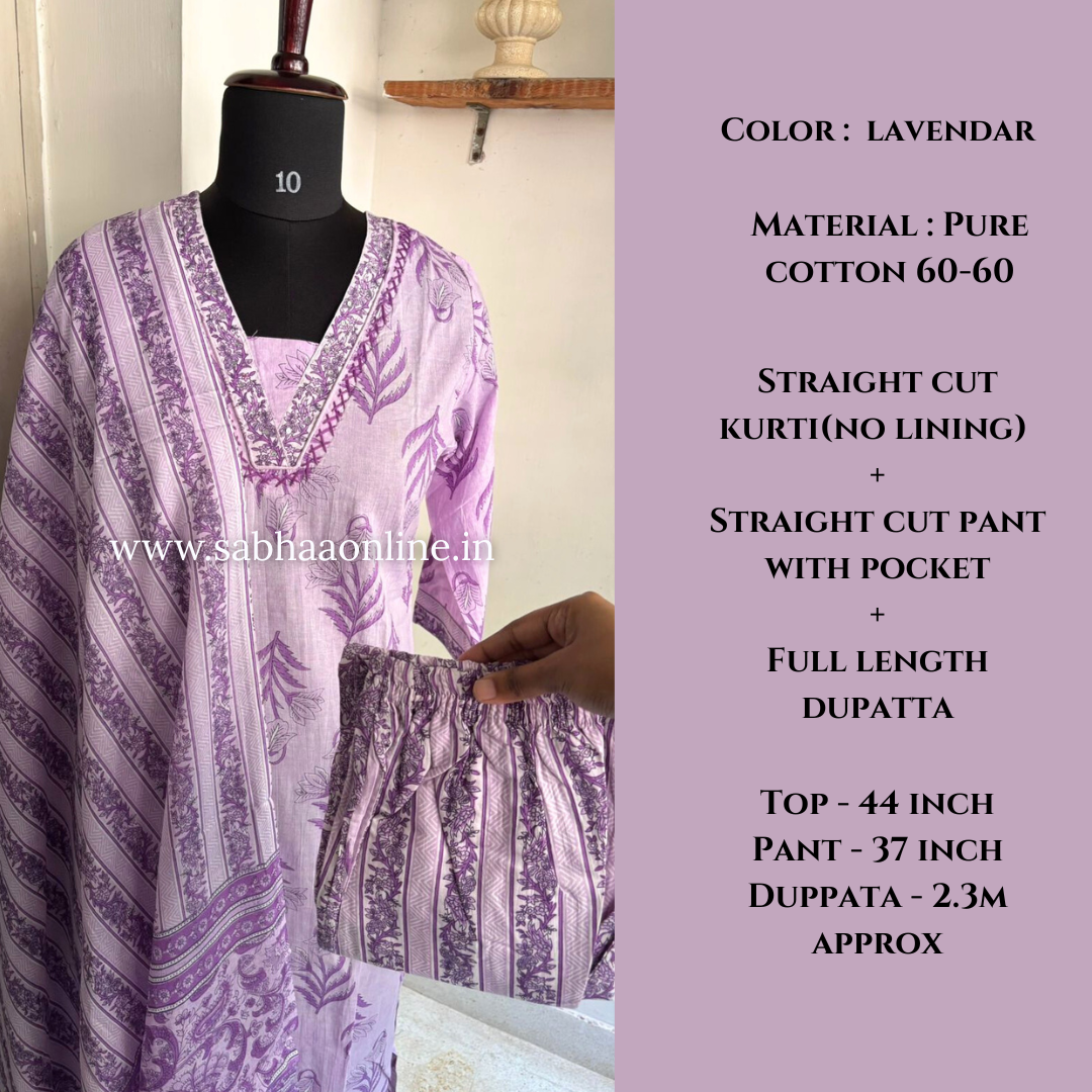 Kheziah - Lavendar Cotton kurti 3pc set - LN 19