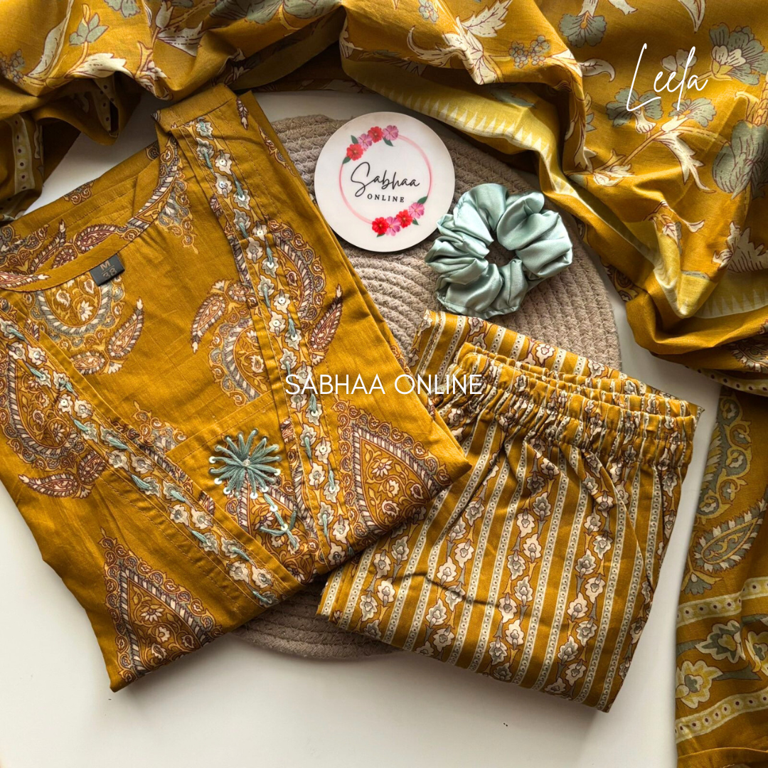 Leela - Mustard Yellow Cotton kurti 3pc set