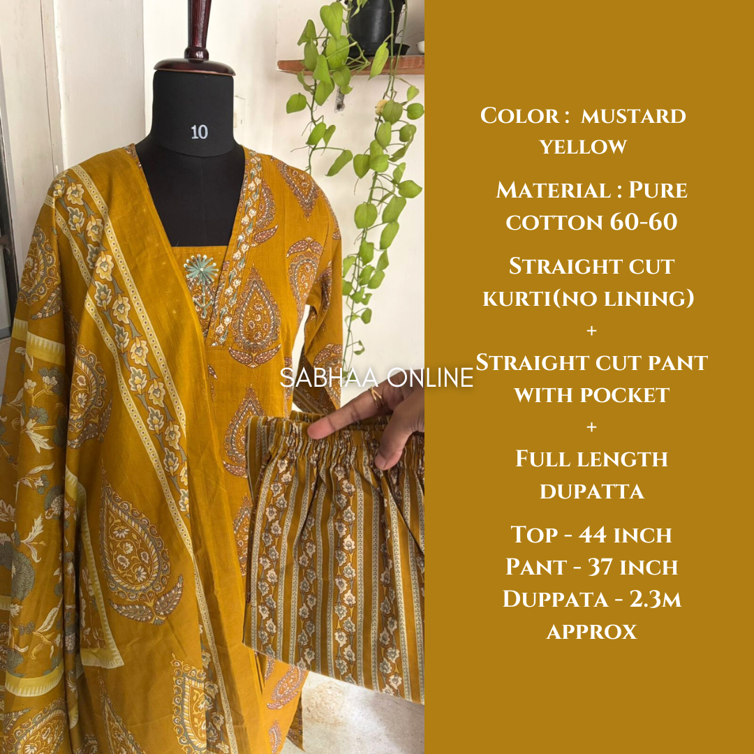 Leela - Mustard Yellow Cotton kurti 3pc set