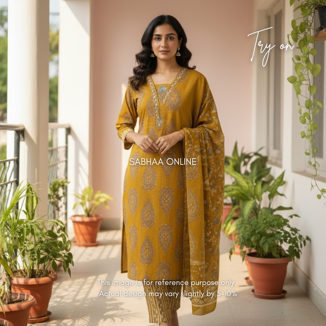 Leela - Mustard Yellow Cotton kurti 3pc set