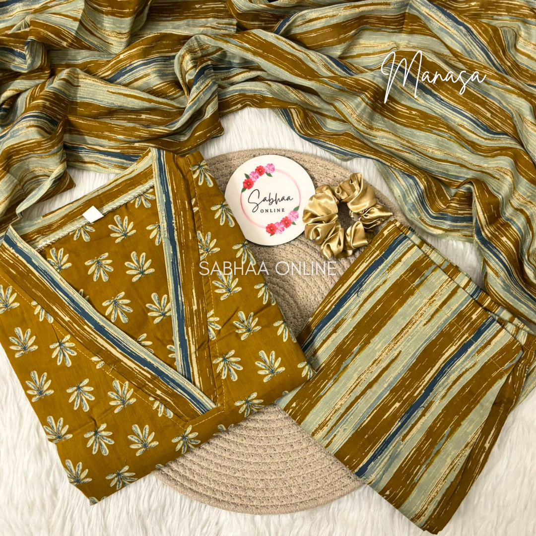 Manasa - Mustard Yellow Cotton kurti 3pc set with lining