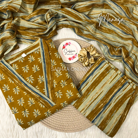 Manasa - Mustard Yellow Cotton kurti 3pc set with lining