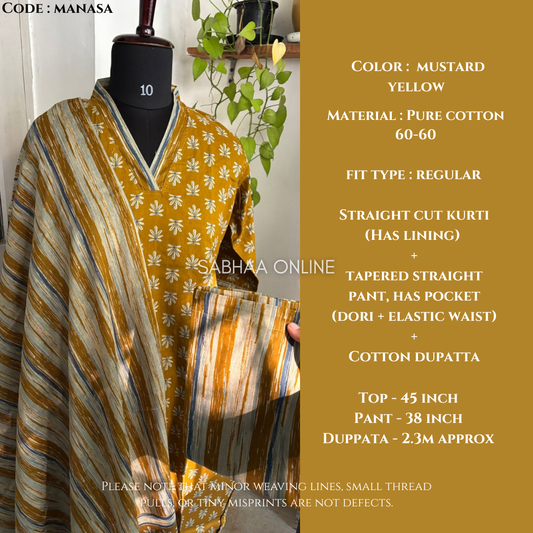 Manasa - Mustard Yellow Cotton kurti 3pc set with lining