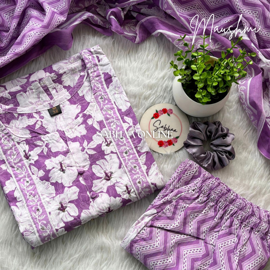 Maushmi - Lavendar Cotton kurti 3pc set