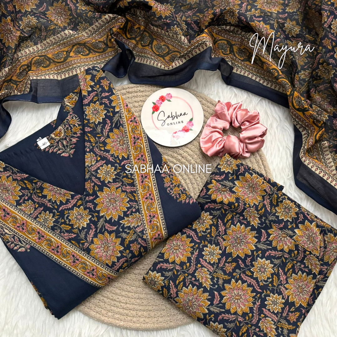 Mayura - Navy Blue Cotton Kurti 3pc set with lining