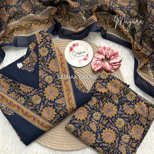 Mayura - Navy Blue Cotton Kurti 3pc set with lining