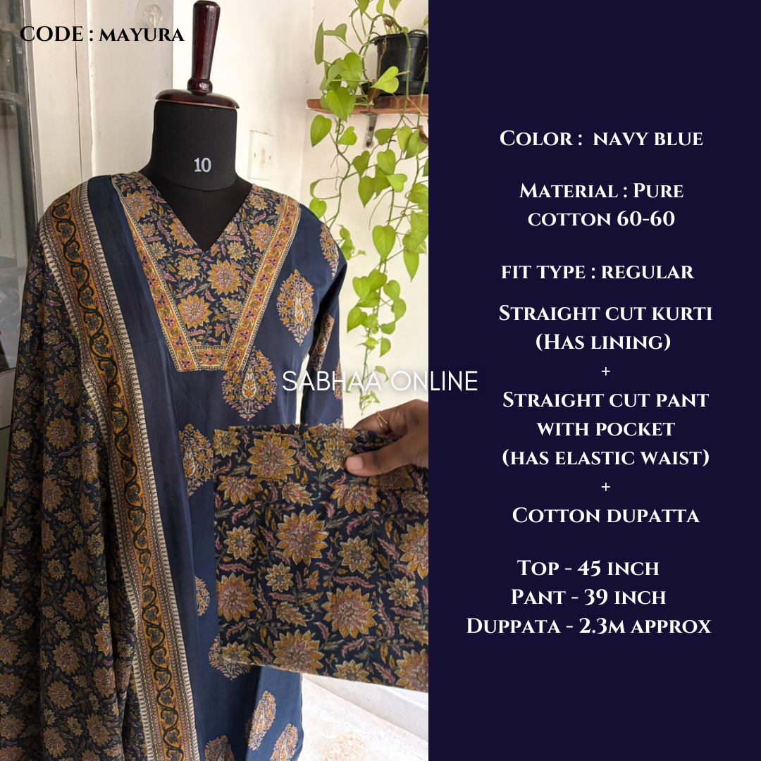 Mayura - Navy Blue Cotton Kurti 3pc set with lining