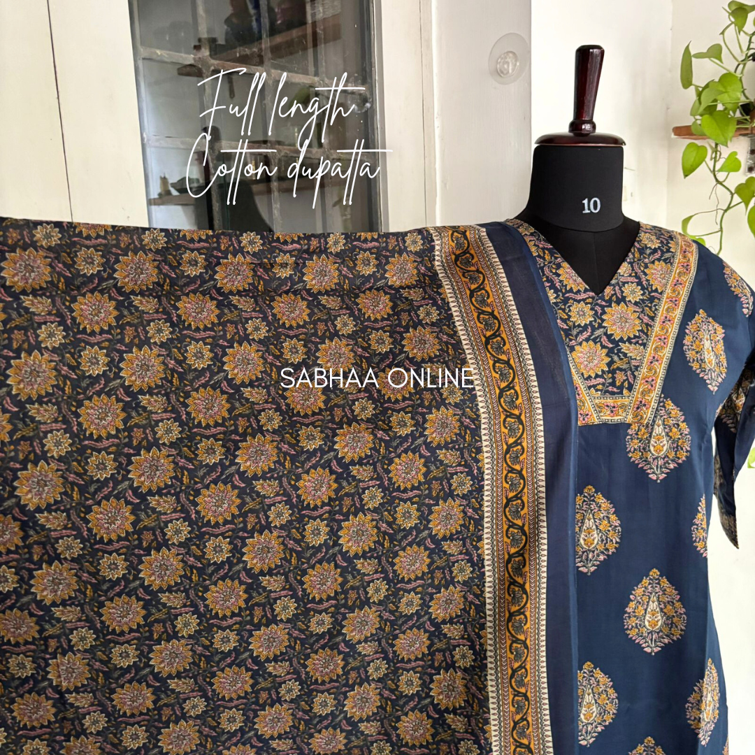 Mayura - Navy Blue Cotton Kurti 3pc set with lining