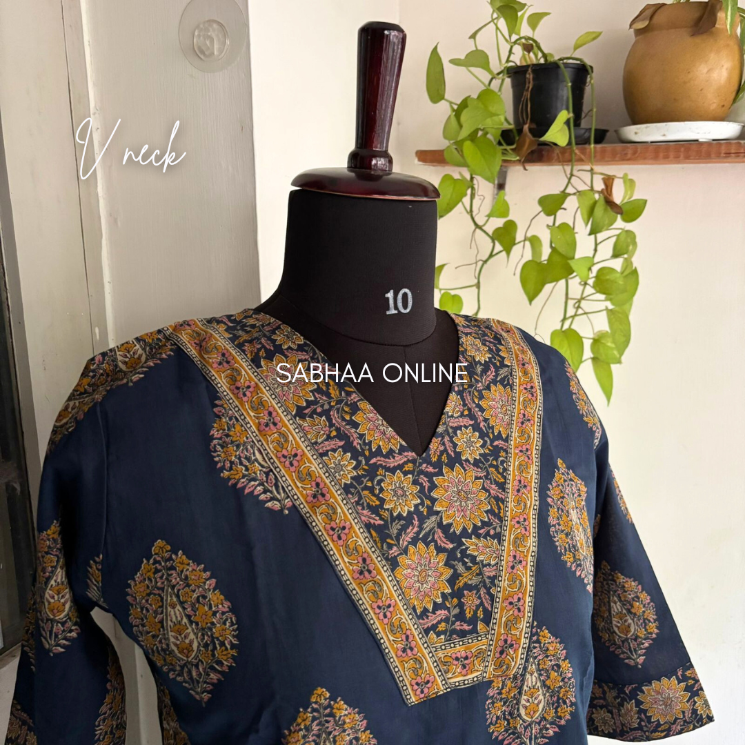 Mayura - Navy Blue Cotton Kurti 3pc set with lining