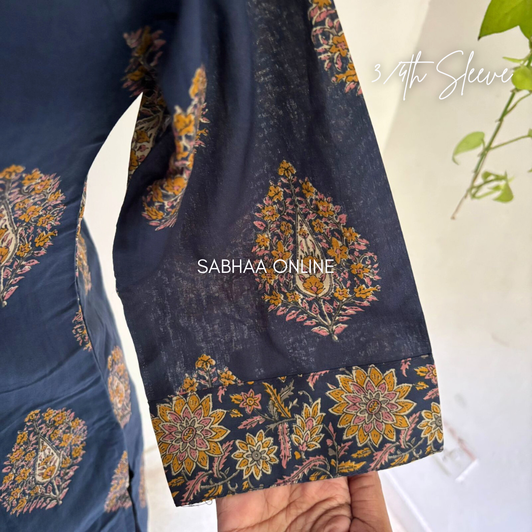 Mayura - Navy Blue Cotton Kurti 3pc set with lining