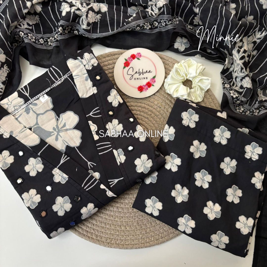Minnie - Black and White Cotton kurti 3pc set with lining - LN13