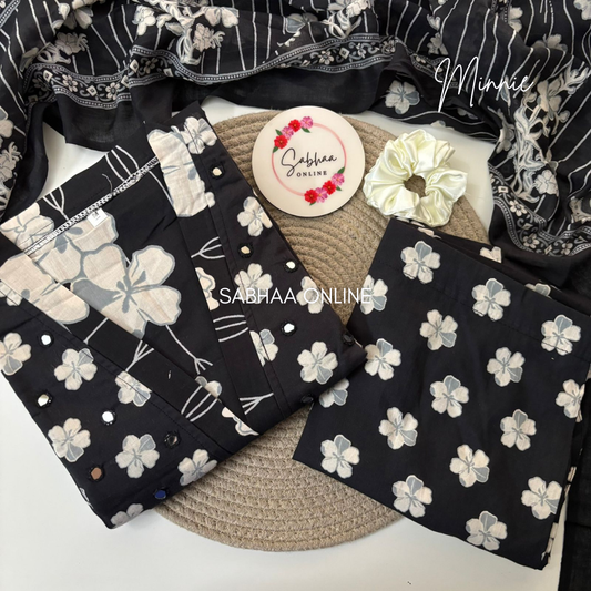 Minnie - Black and White Cotton kurti 3pc set with lining - LN13