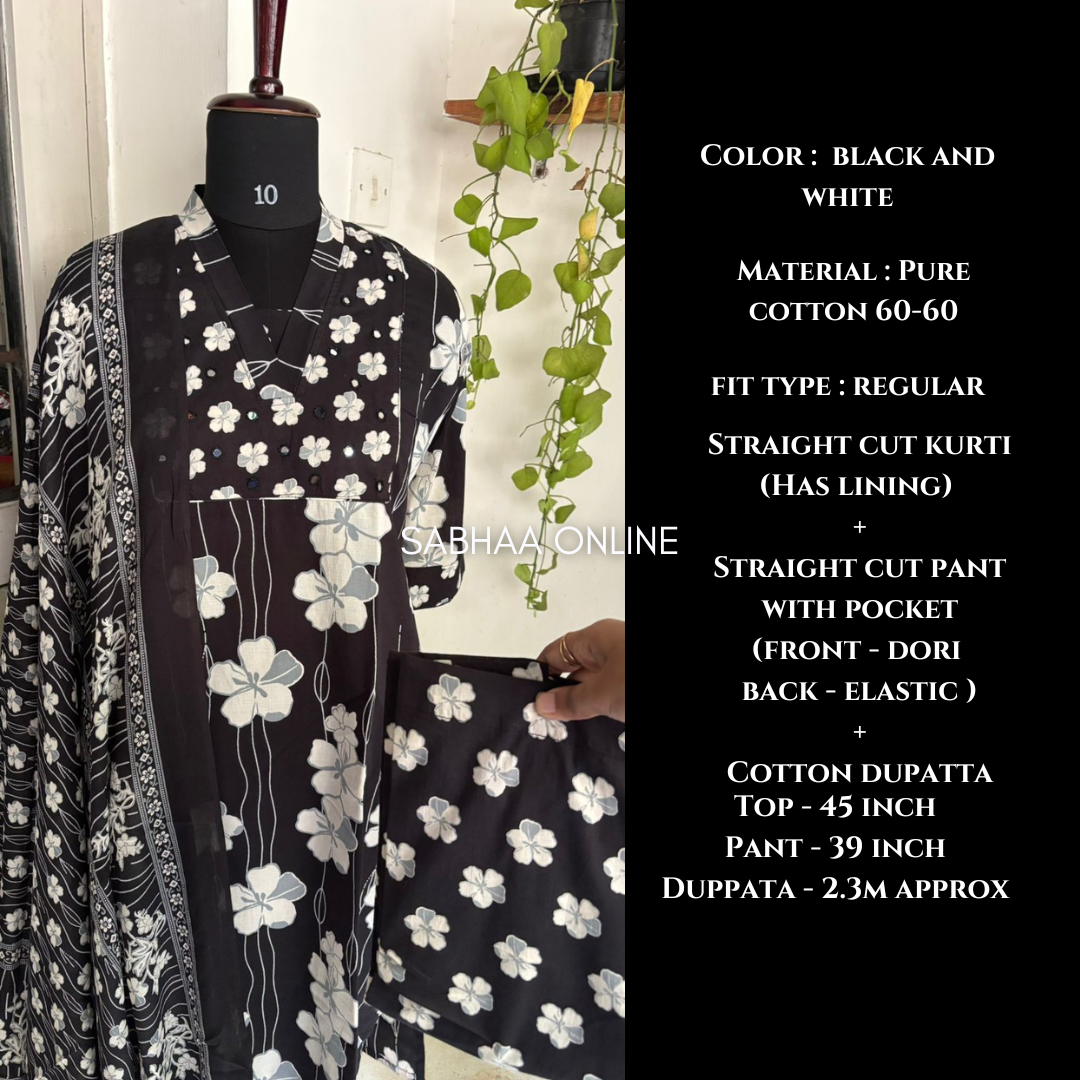 Minnie - Black and White Cotton kurti 3pc set with lining - LN13