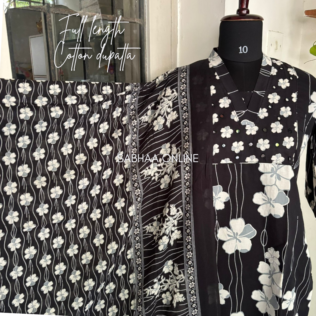 Minnie - Black and White Cotton kurti 3pc set with lining - LN13