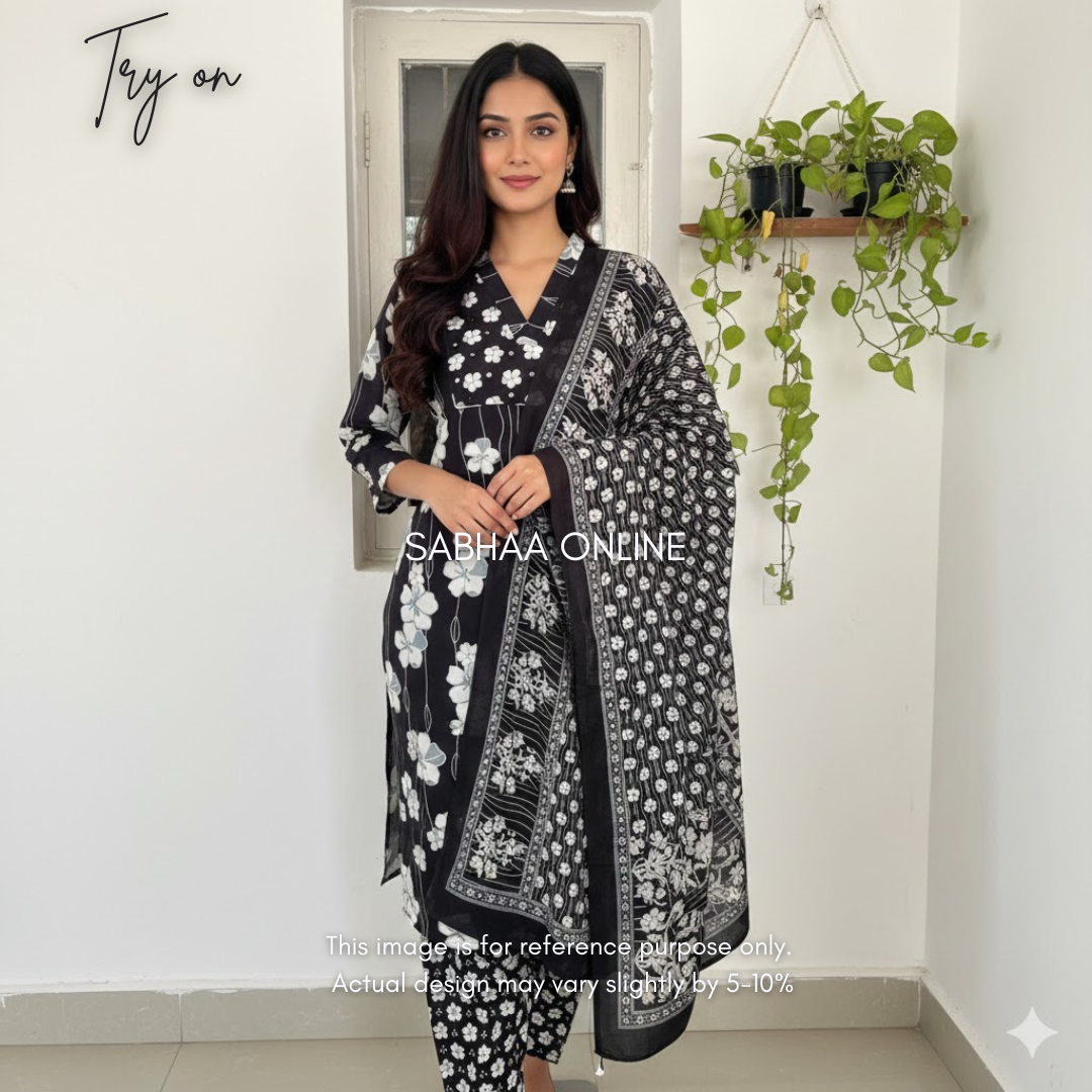 Minnie - Black and White Cotton kurti 3pc set with lining - LN13