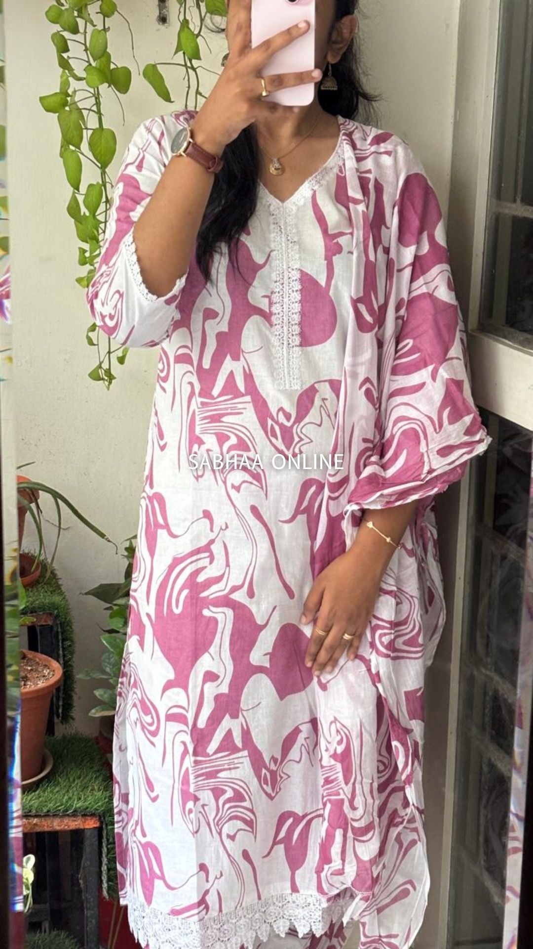 Misha - White and Pink Cotton Kurti 3pc set