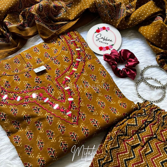 Mitali - Mustard Yellow Cotton kurti 3pc set