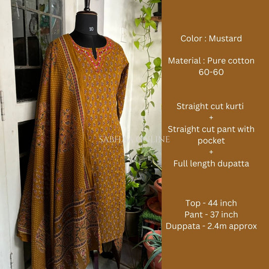 Mitali - Mustard Yellow Cotton kurti 3pc set