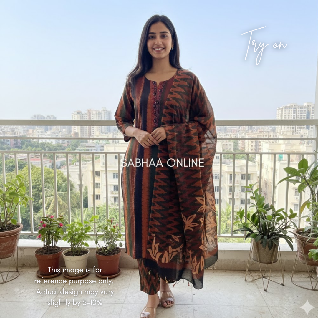 Moana - Ikkat styled Multi colored Cotton Kurti 3pc set - LN 15