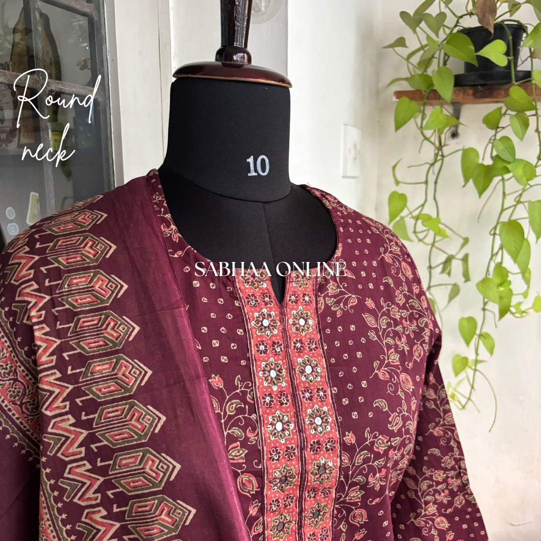 Mogha - Wine Cotton Kurti 3pc set