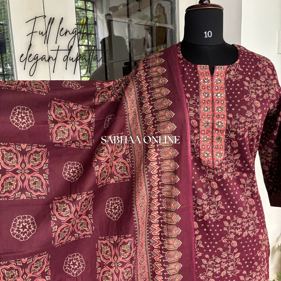 Mogha - Wine Cotton Kurti 3pc set