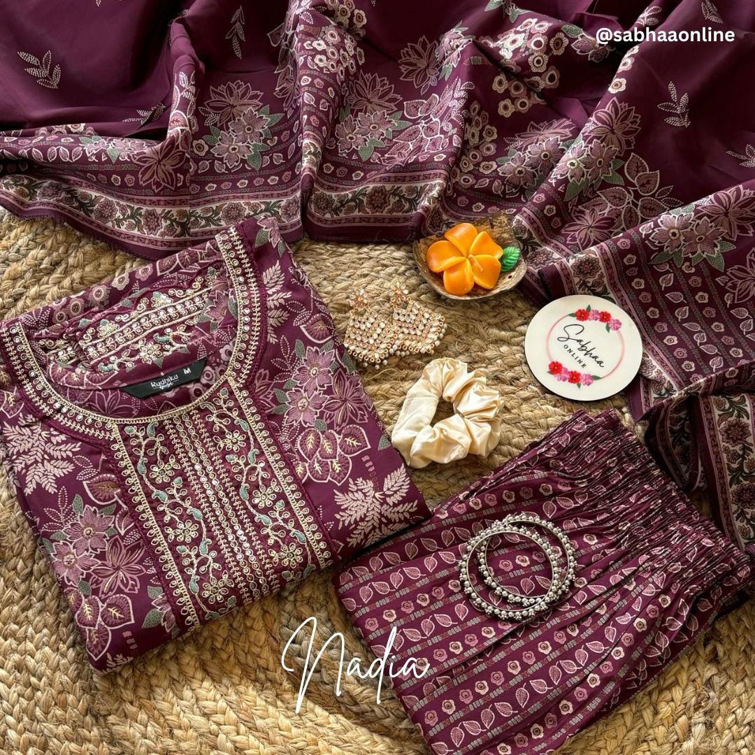 Nadia - Wine Purple Chanderi Festive Kurti 3pc set