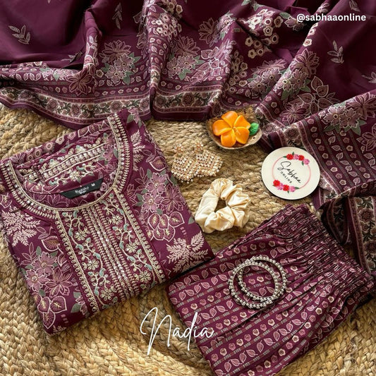 Nadia - Wine Purple Chanderi Festive Kurti 3pc set