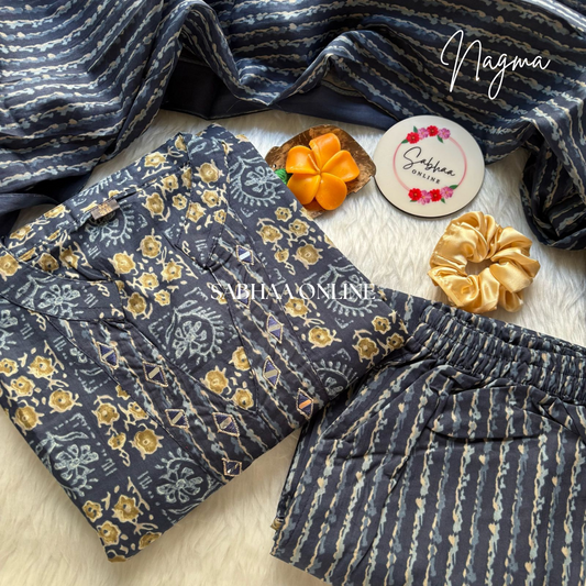 Nagma - Navy Blue Cotton kurti 3pc set