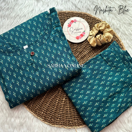 Nashita - Peacock blue Ikkat Cotton Kurti pant set with lining