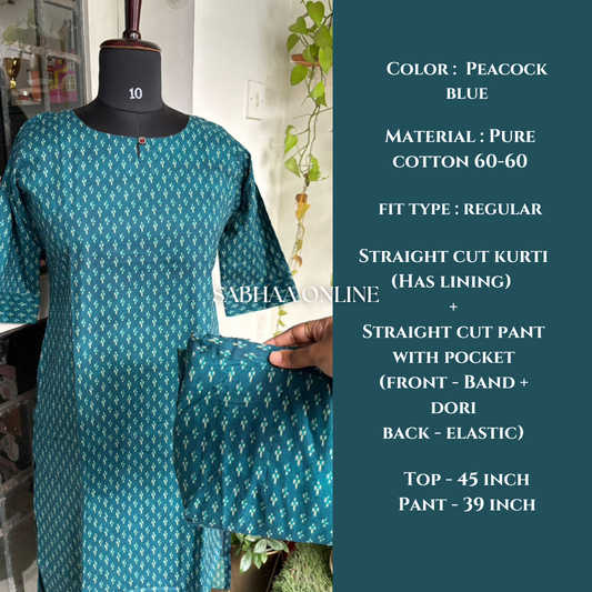 Nashita - Peacock blue Ikkat Cotton Kurti pant set with lining