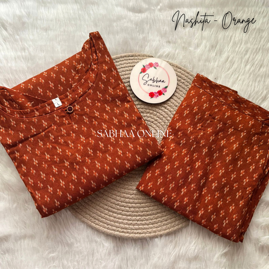 Nashita - Rust Orange Ikkat Cotton Kurti pant set (With lining)