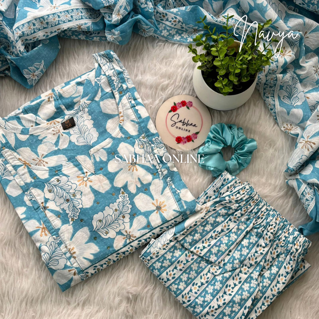 Navya - Sky blue Cotton kurti 3pc set