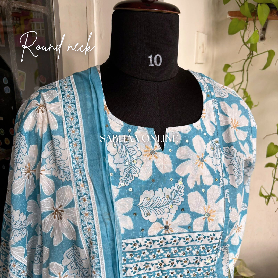 Navya - Sky blue Cotton kurti 3pc set