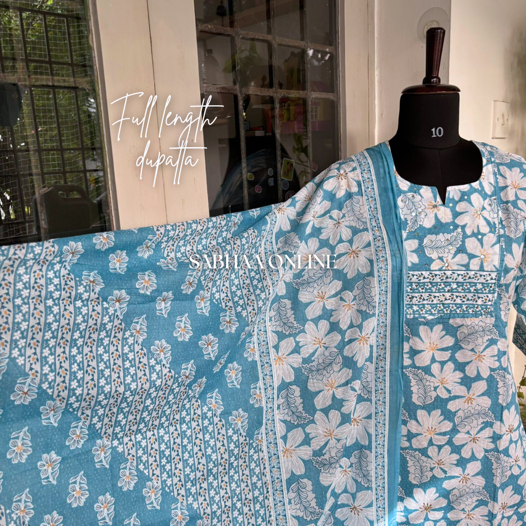 Navya - Sky blue Cotton kurti 3pc set