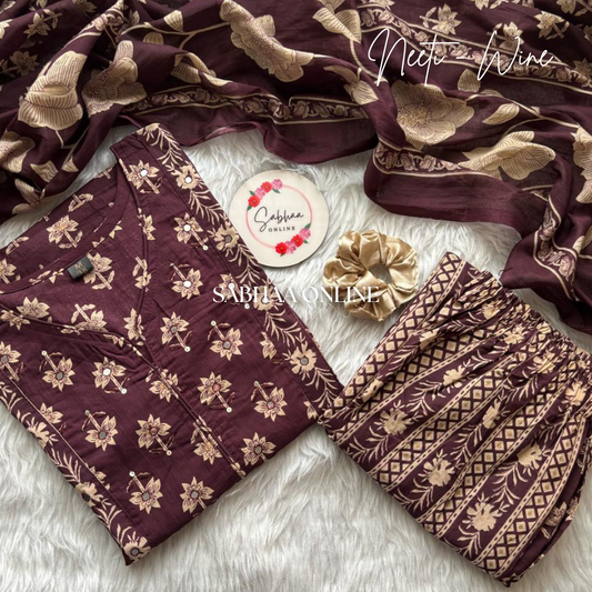 Neeti - Deep Wine Bagru Cotton Kurti 3pc set