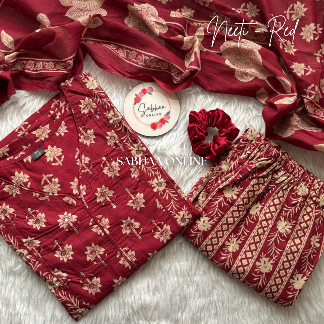 Neeti - Red Bagru Cotton kurti 3pc set