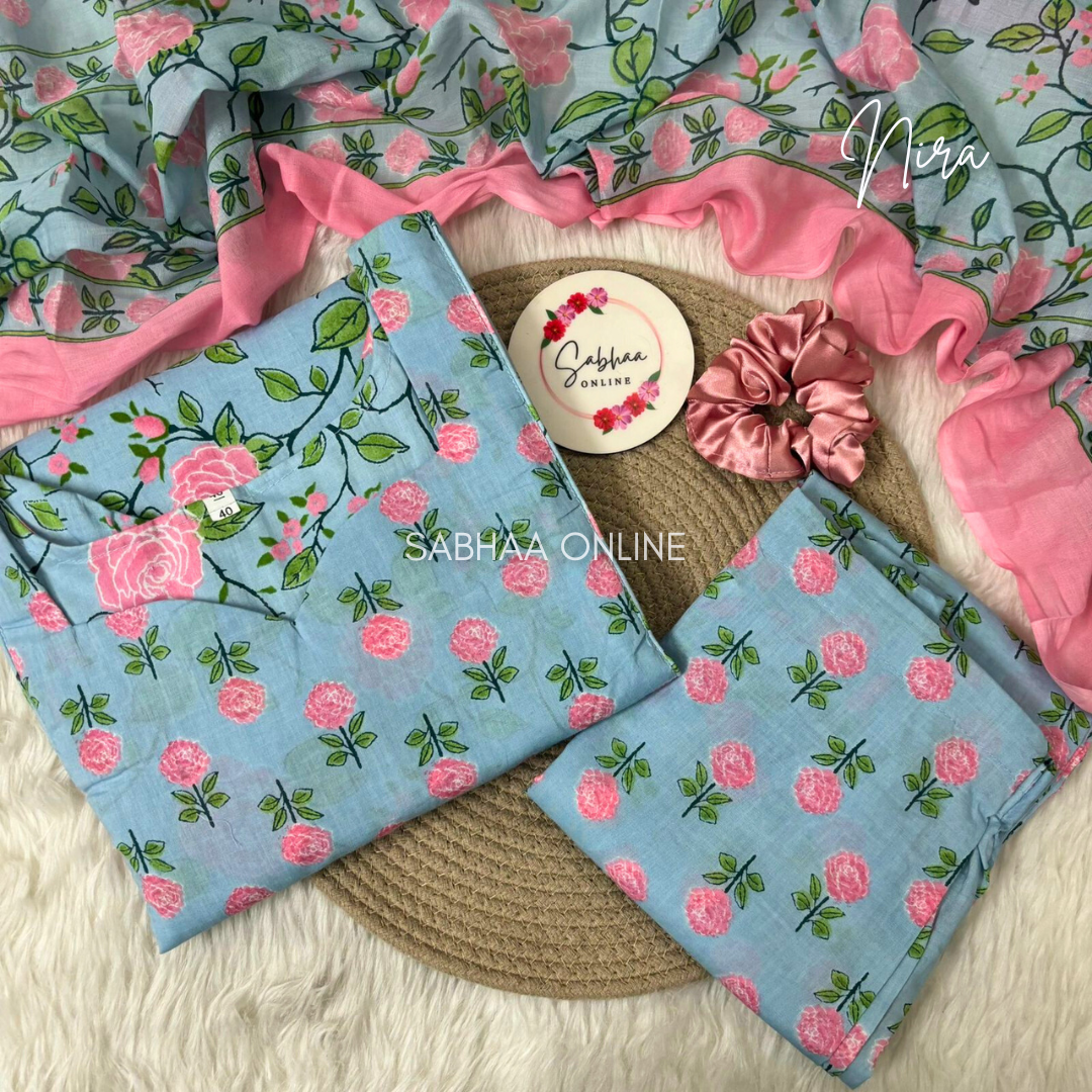 Nira - Sky blue Cotton kurti 3pc set with lining