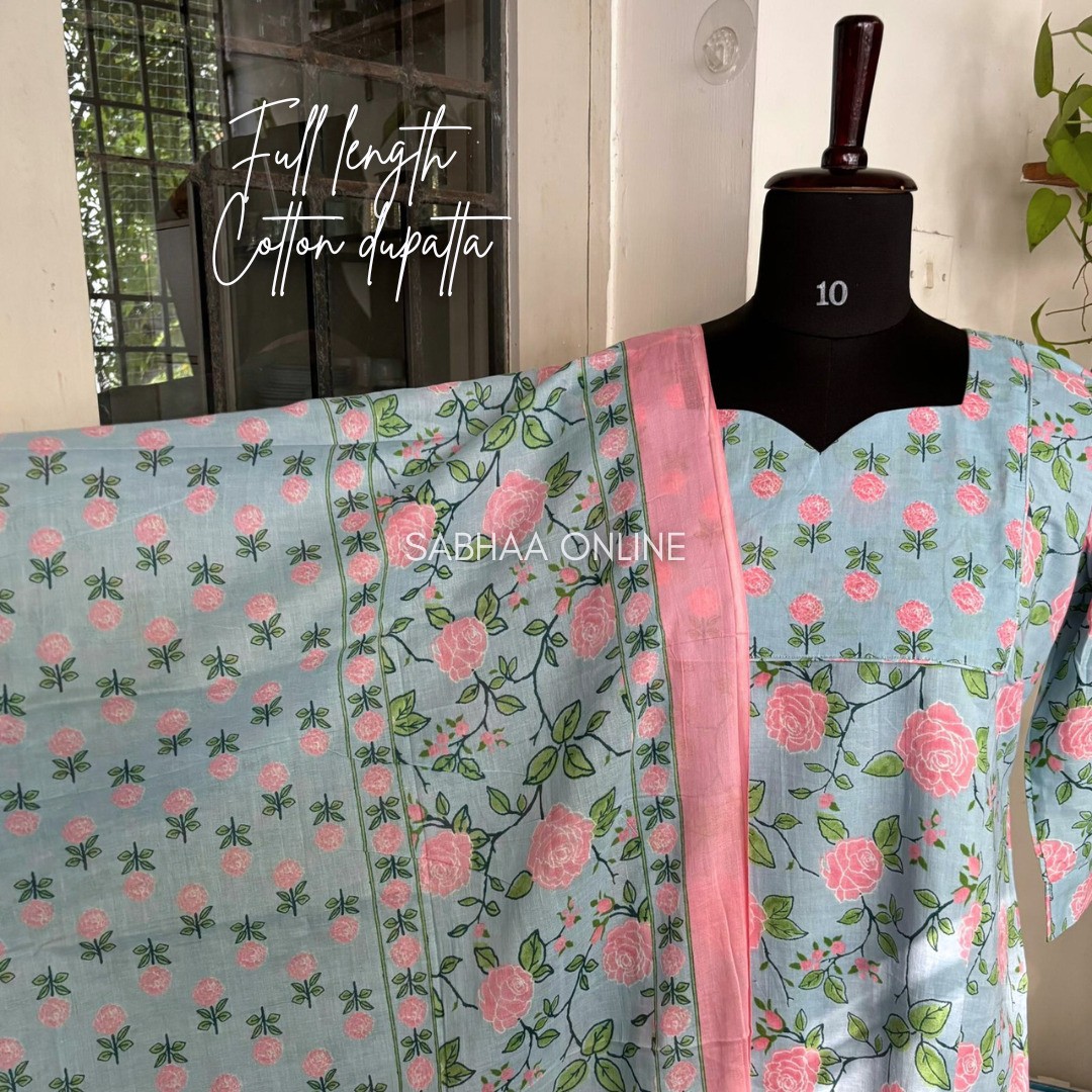 Nira - Sky blue Cotton kurti 3pc set with lining