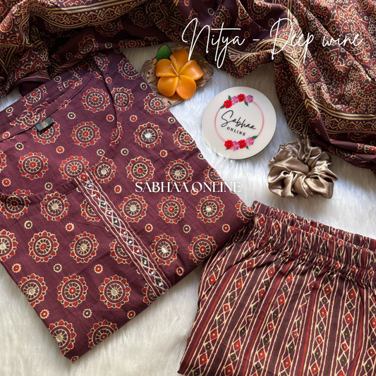Nitya - Deep Wine Ajrakh Cotton Kurti 3pc set