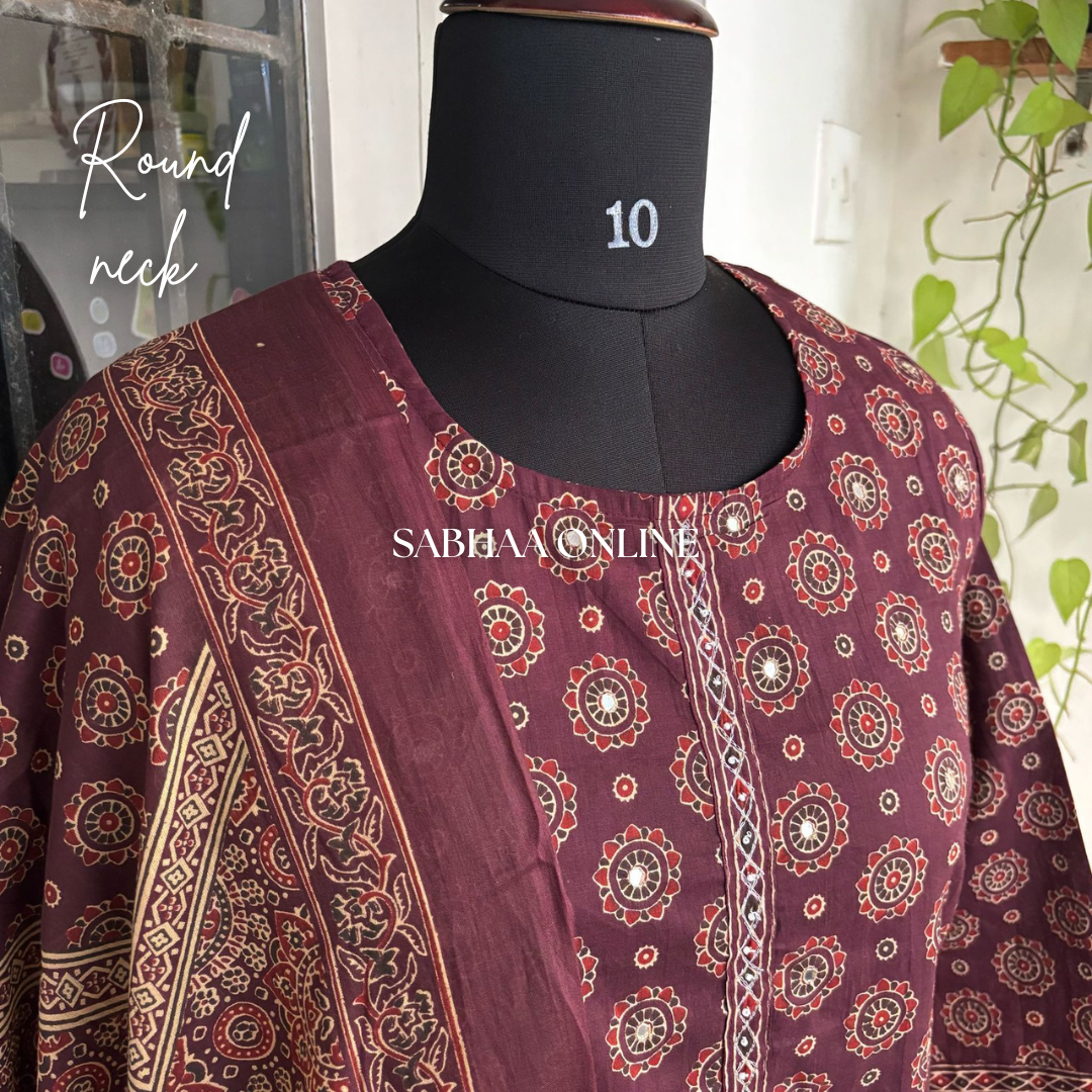 Nitya - Deep Wine Ajrakh Cotton Kurti 3pc set