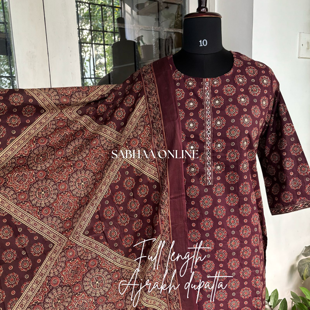 Nitya - Deep Wine Ajrakh Cotton Kurti 3pc set