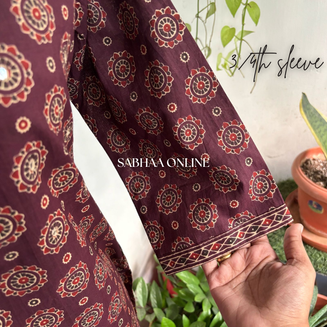 Nitya - Deep Wine Ajrakh Cotton Kurti 3pc set