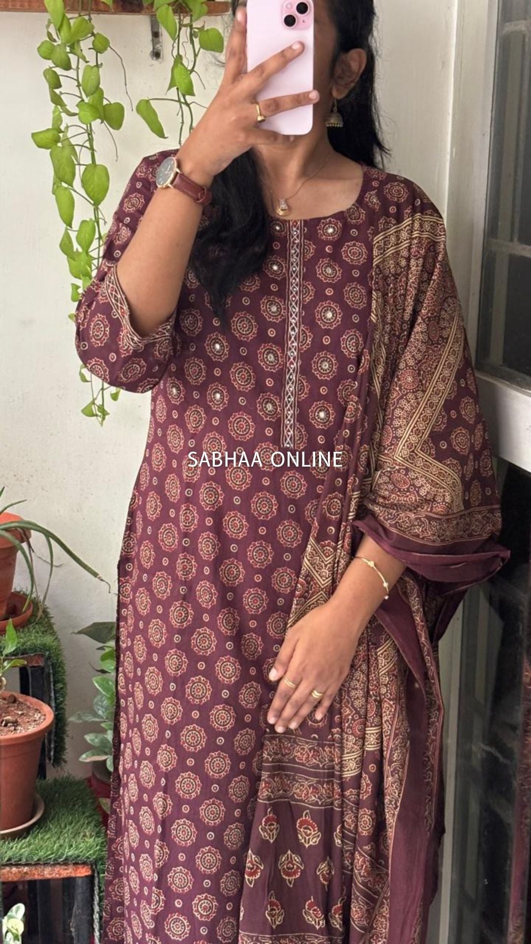 Nitya - Deep Wine Ajrakh Cotton Kurti 3pc set