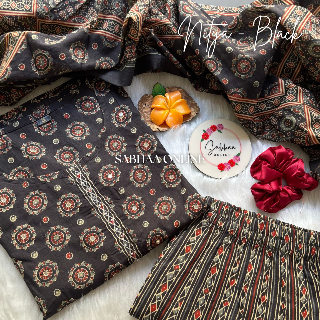 Nitya - Black Ajrakh Cotton Kurti 3pc set