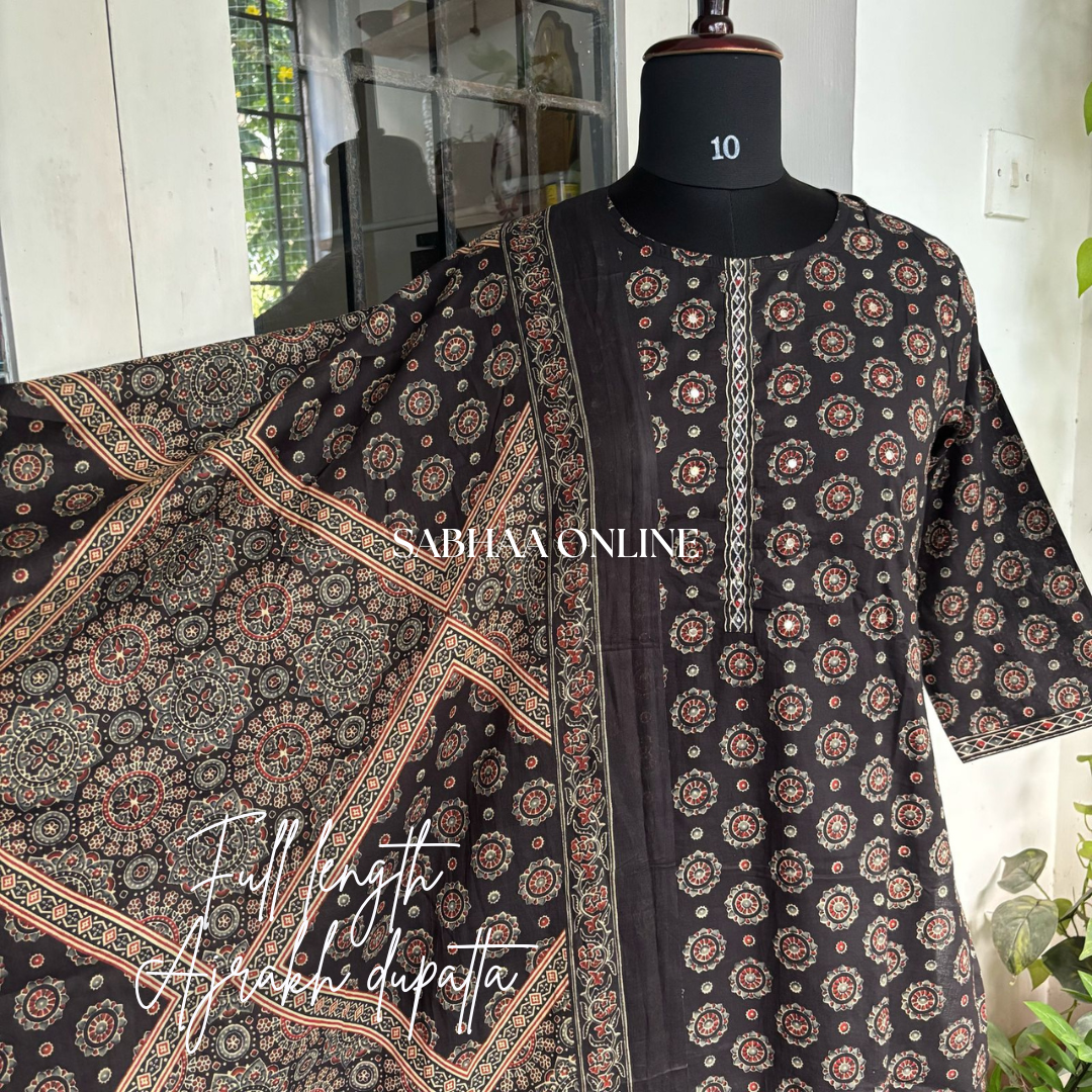 Nitya - Black Ajrakh Cotton Kurti 3pc set