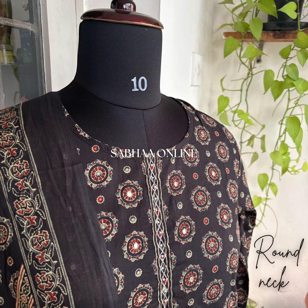 Nitya - Black Ajrakh Cotton Kurti 3pc set