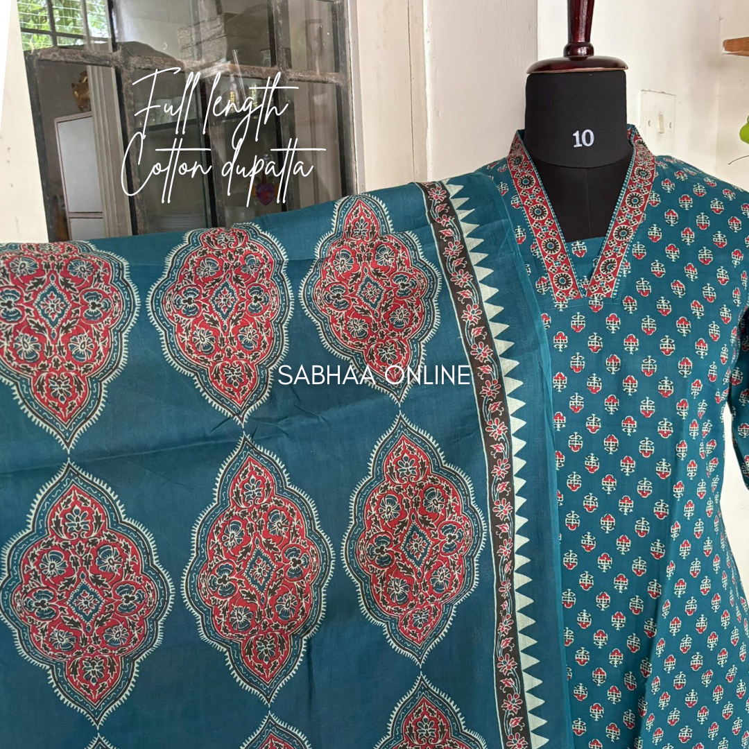 Nora - Teal Cotton kurti 3pc set with lining - LN13